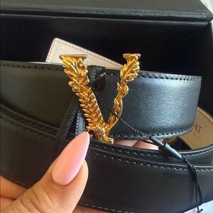 Versace Black Leather Belt with Gold Buckle